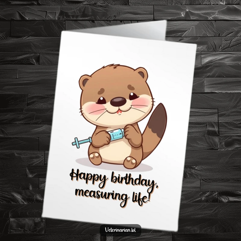Funny Free Printable Birthday Card: Sweet otter carefully measuring liquid into a tiny syringe for a birthday concoction.