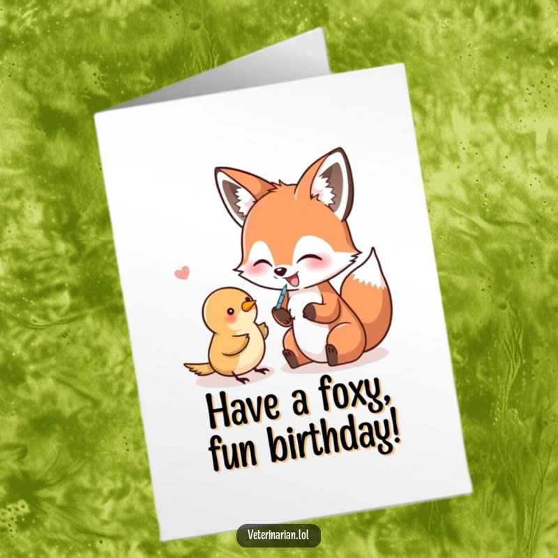 Funny Free Printable Birthday Card: Giggling fox playfully pretends to give a small bird a vaccination with a needle.