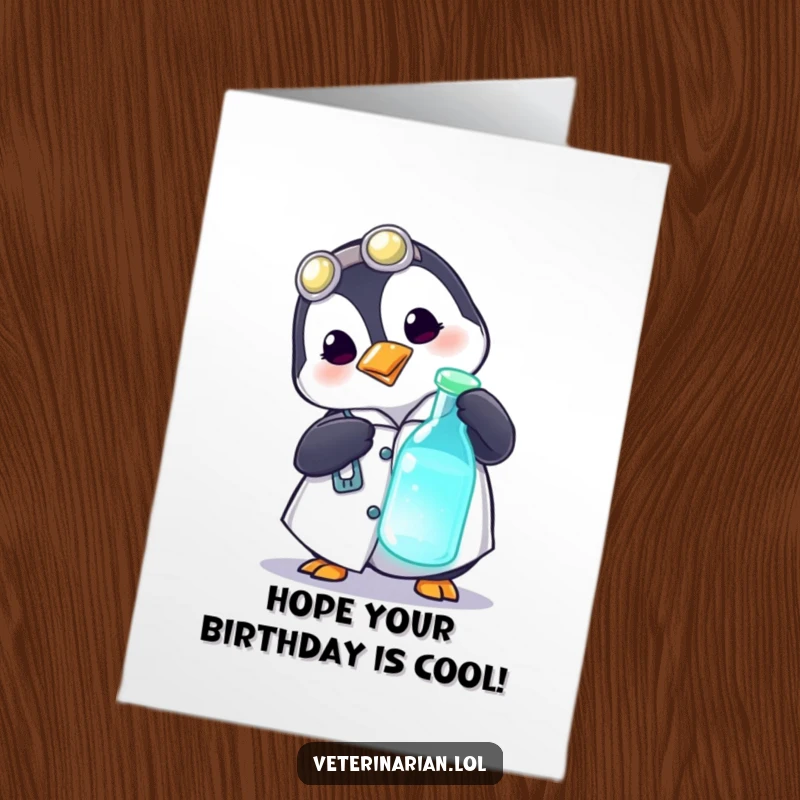 Funny Free Printable Birthday Card: A playful penguin doctor in a lab coat curiously pokes a glowing vial with a smile.