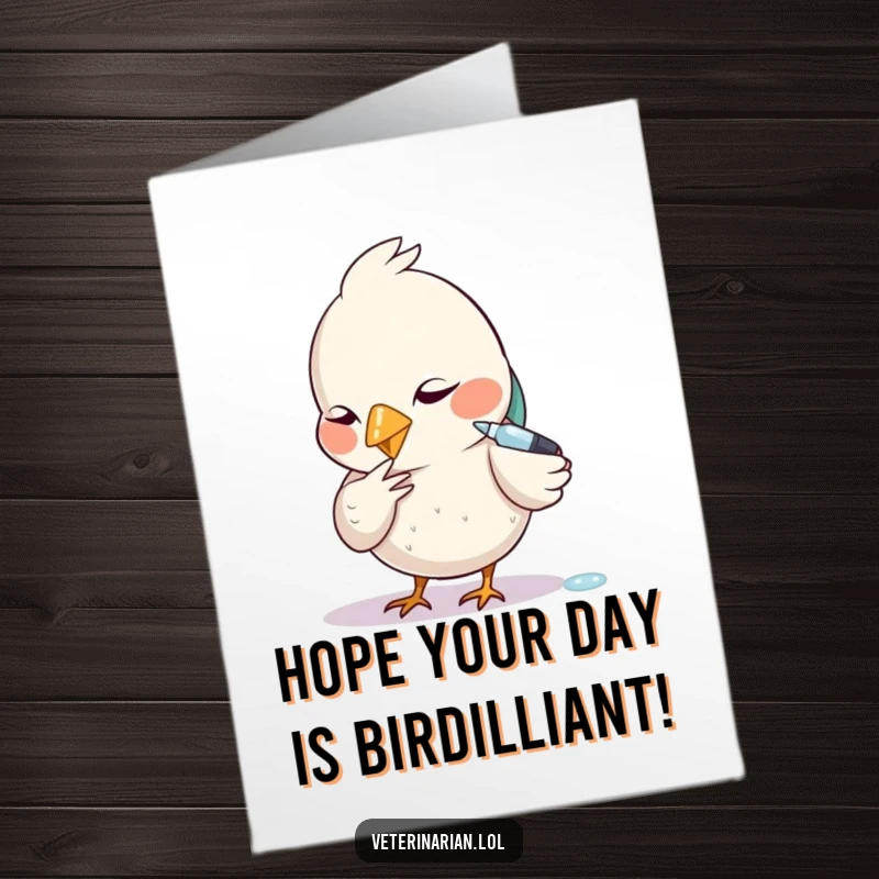Funny Free Printable Birthday Card: A diligent bird carefully uses a tiny dropper with intense focus, wishing a happy birthday.