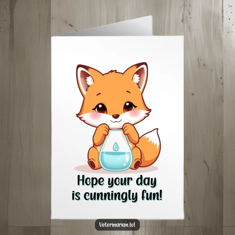 Funny Free Printable Birthday Card: Playful fox scientist carefully measuring a droplet into a beaker, with birthday sprinkles.