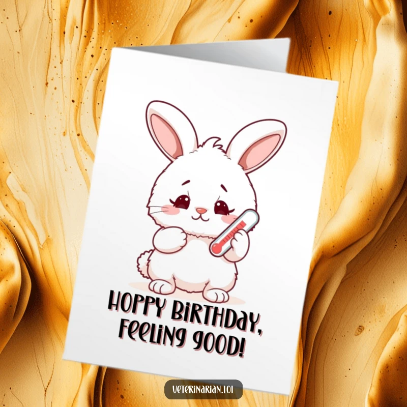 Funny Free Printable Birthday Card: A fluffy bunny holds a tiny thermometer with a happy, concerned look.