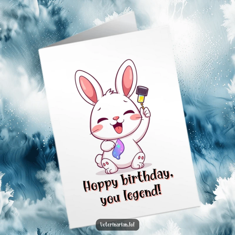 Funny Free Printable Birthday Card: Delighted bunny carefully administers sparkling colorful liquid from a dropper, spreading birthday magic.