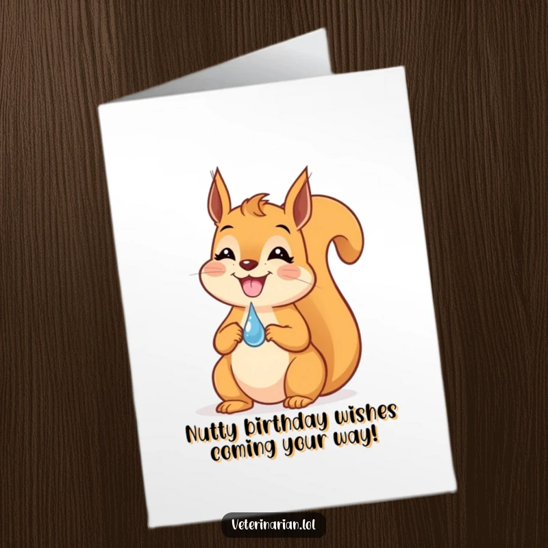 Funny Free Printable Birthday Card: a grinning squirrel expertly balancing a dropper on its nose.