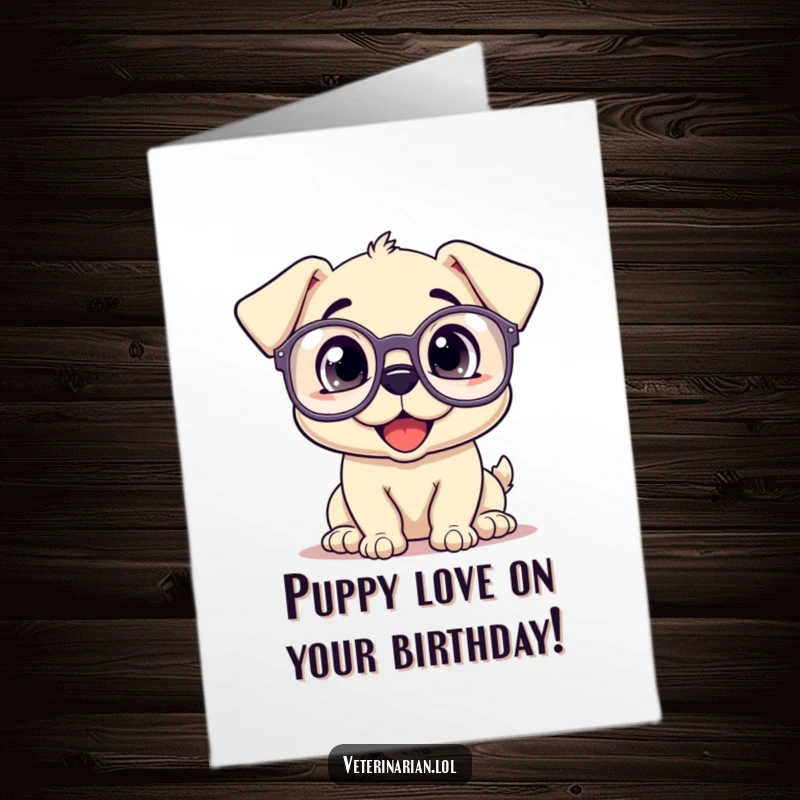 Funny Free Printable Birthday Card: Happy puppy wearing oversized glasses, looking up inquisitively, a cute downloadable gift.