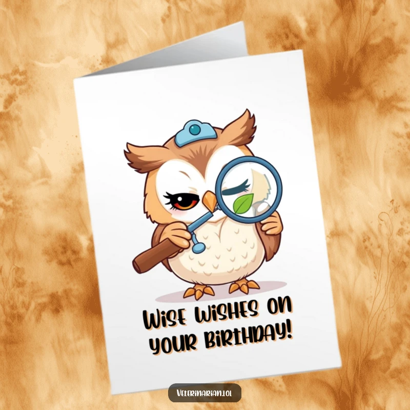 Funny Free Printable Birthday Card: Winking owl vet curiously examines a tiny leaf with a magnifying glass.