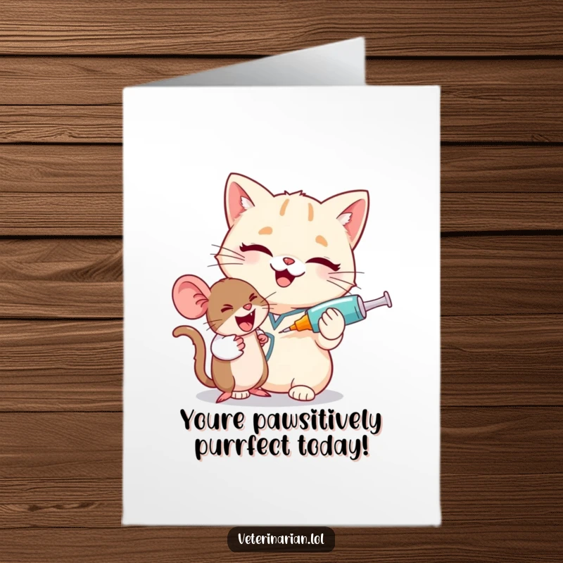 Funny Free Printable Birthday Card: Giggling cat vet playfully uses oversized syringe on winking mouse.