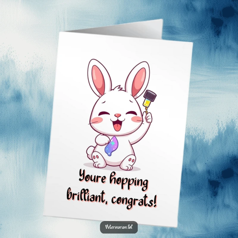 Funny Free Printable Congratulations Card: A delighted bunny adds sparkling colorful liquid from a dropper, celebrating achievements with magic.