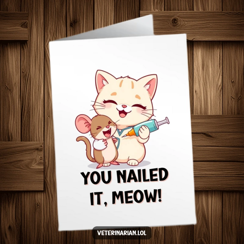 Funny Free Printable Congratulations Card: Giggling cat vet gives playful wink while holding syringe near mouse.