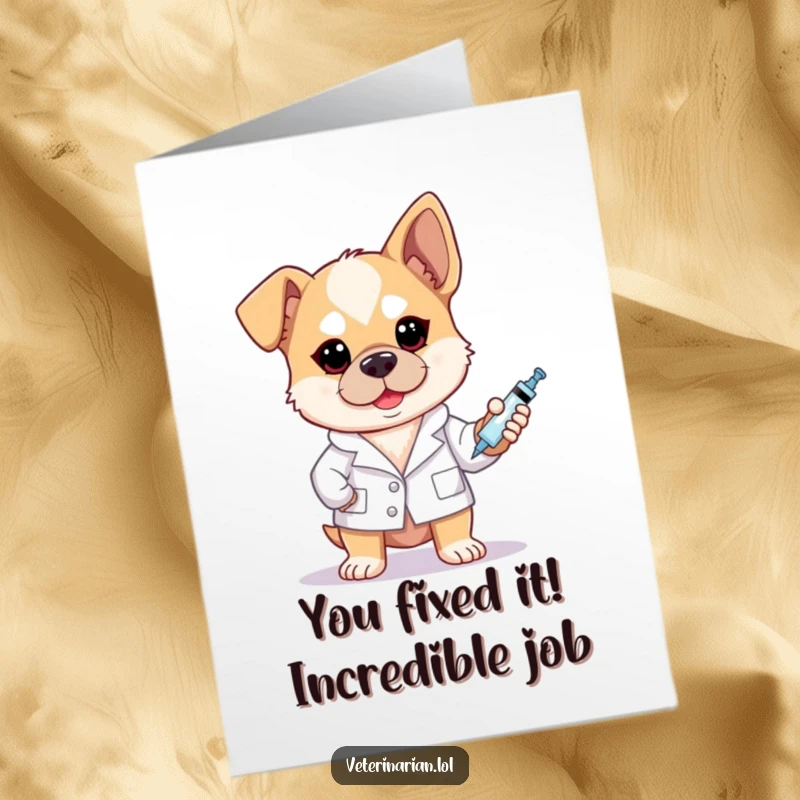 Funny free printable congratulations card featuring a proud dog in a white coat holding a syringe victoriously.