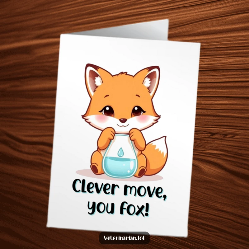 Funny Free Printable Congratulations Card: Playful fox scientist smiling as a beaker bubbles, with confetti and a success symbol.