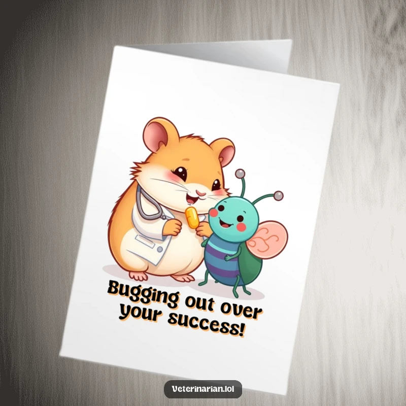 Funny Free Printable Congrats Card: Glee-filled hamster vet administers vitamin to a happy toy bug, celebrating success.