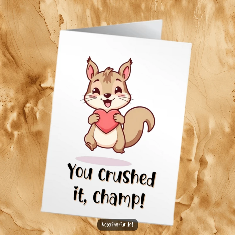 Funny Free Printable Congrats Card: An energetic squirrel bounces a healthy heart icon, celebrating a joyous occasion.