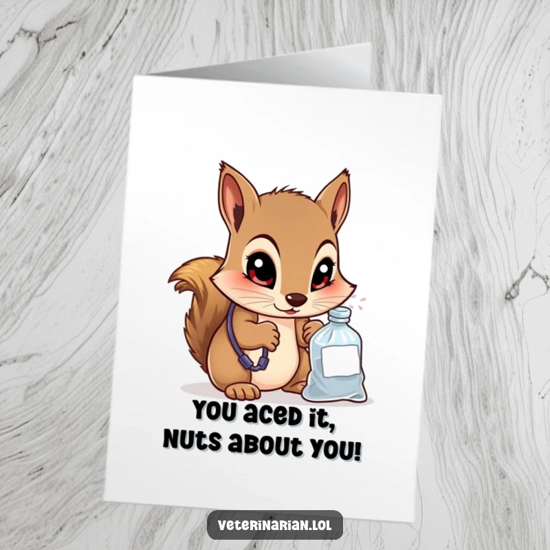 Funny Free Printable Congrats Card: Curious squirrel vet inspects medicine bag, celebrating your smarts.