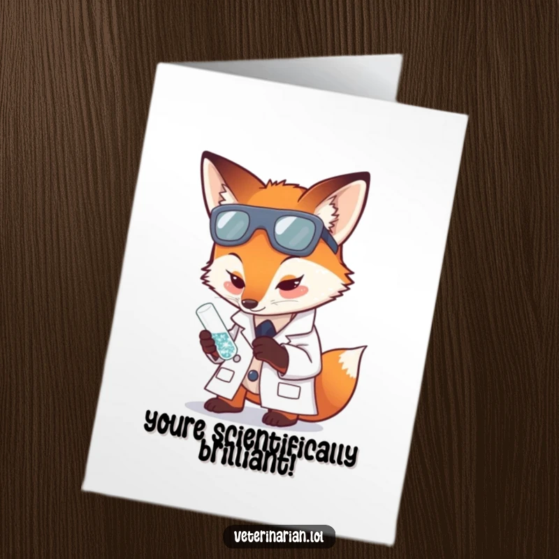 Funny Free Printable Congratulations Card: Fox in lab coat studying a shiny test tube, a clever downloadable gift.