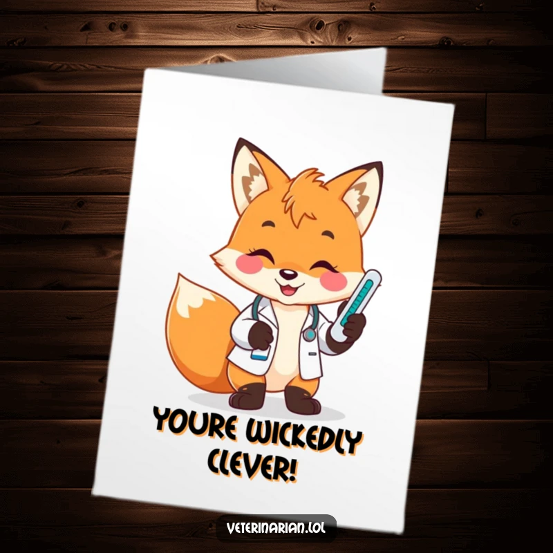 Funny Free Printable Congratulations Card: Playful fox vet smiles while holding a thermometer, checking it.