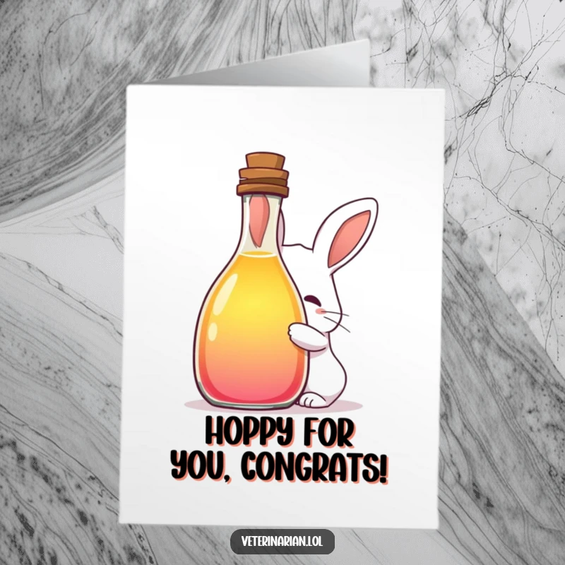 Funny Free Printable Congratulations Card: A bashful rabbit peeks out from behind a huge bottle of colorful liquid, celebrating achievements with hidden charm.