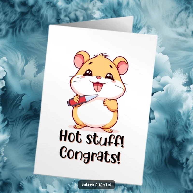 Funny Free Printable Congratulations Card with a cheerful hamster holding a thermometer, humorously checking its own temperature.
