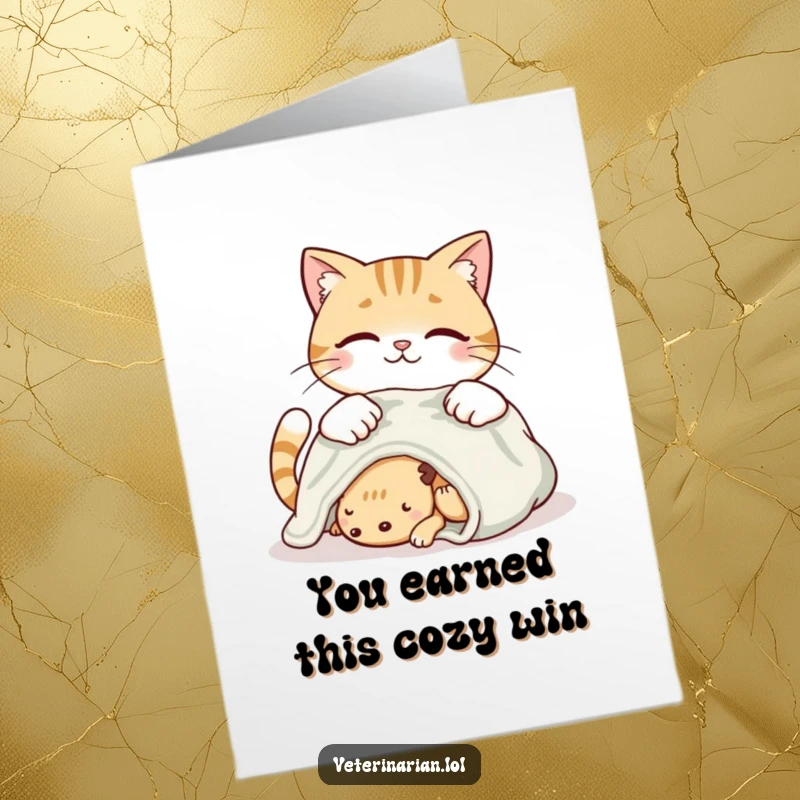 Funny free printable congratulations card showing a happy cat lovingly placing a blanket on a resting animal.