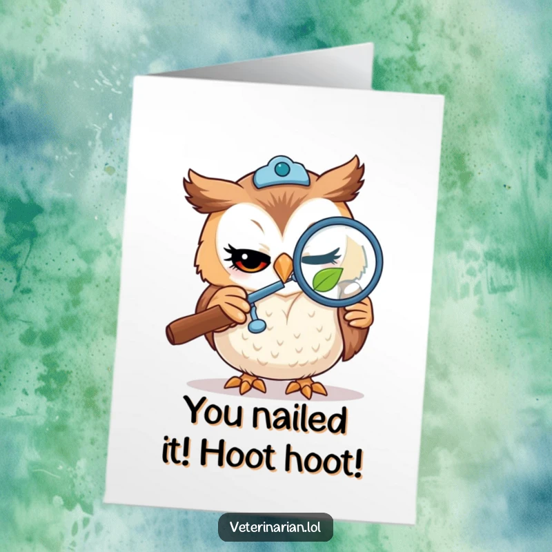 Funny Free Printable Congrats Card: Winking owl vet scrutinizes a tiny leaf, celebrating your sharp success.