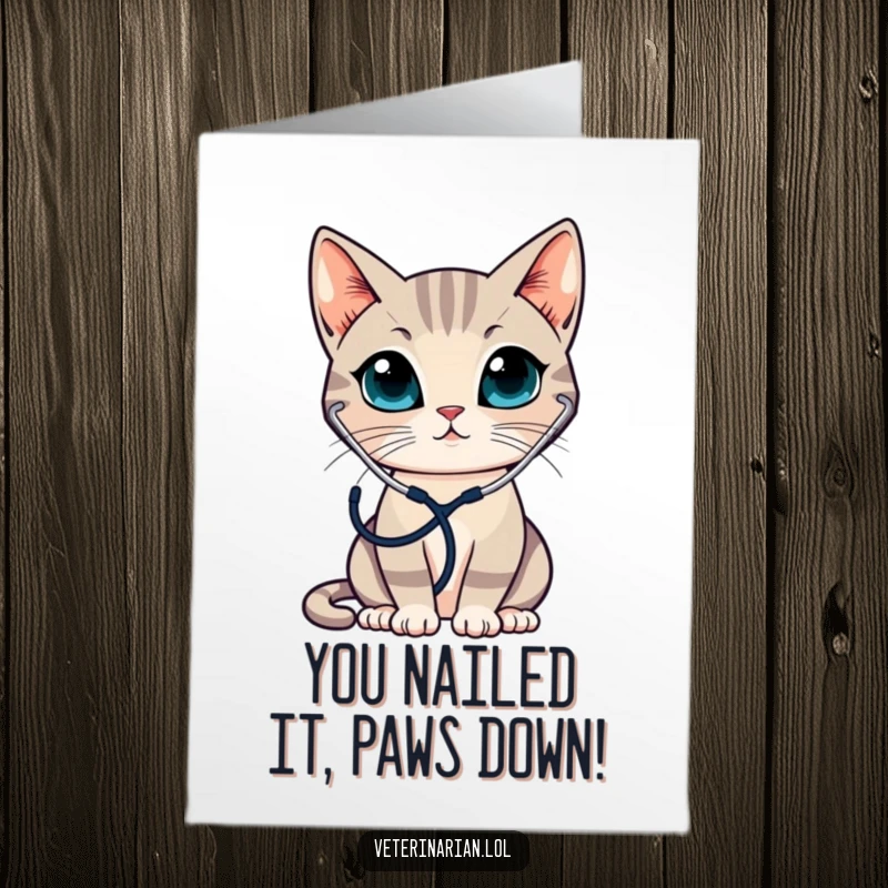 Funny Free Printable Congratulations Card: A sleek cat doctor wearing a stethoscope listens intently, signifying good news.