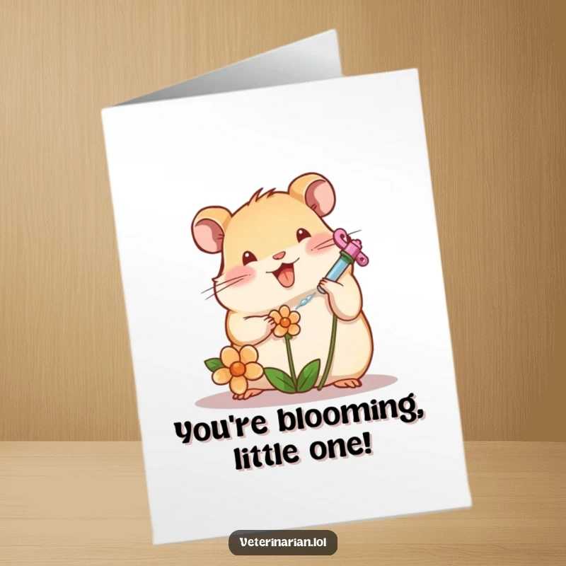 Free Printable Congratulations Card: A cheerful hamster character diligently giving medicine to a wilting flower via a tiny syringe.