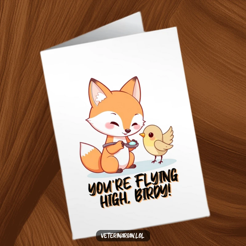 Free Printable Congratulations Card: A playful fox kindly administering a spoonful of medicine to a tiny bird, aiding its recovery.