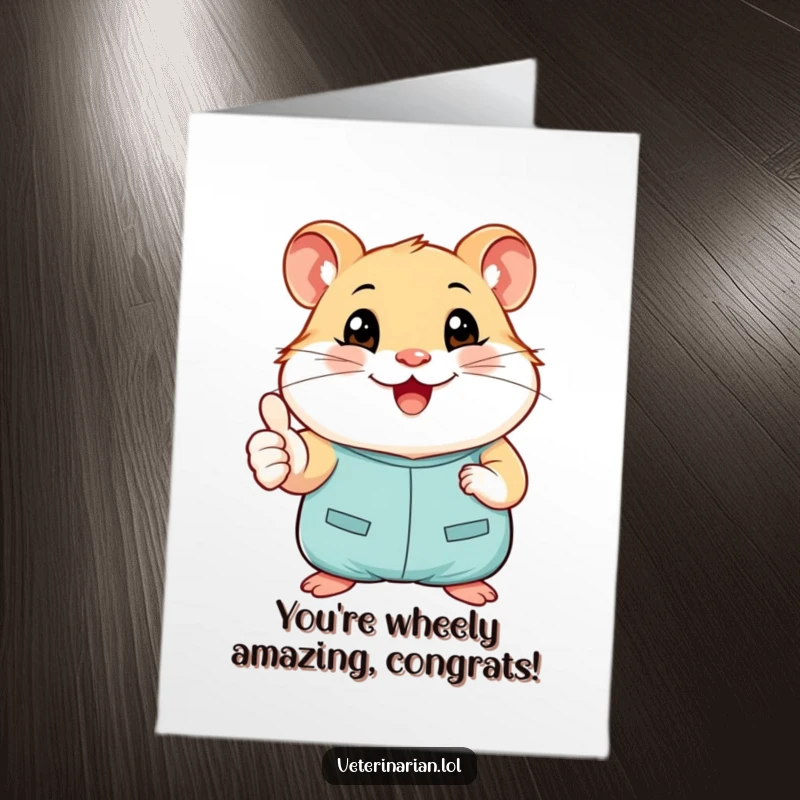 Funny Free Printable Congratulations Card: A smiling hamster in scrubs gives a thumbs-up, celebrating an achievement.
