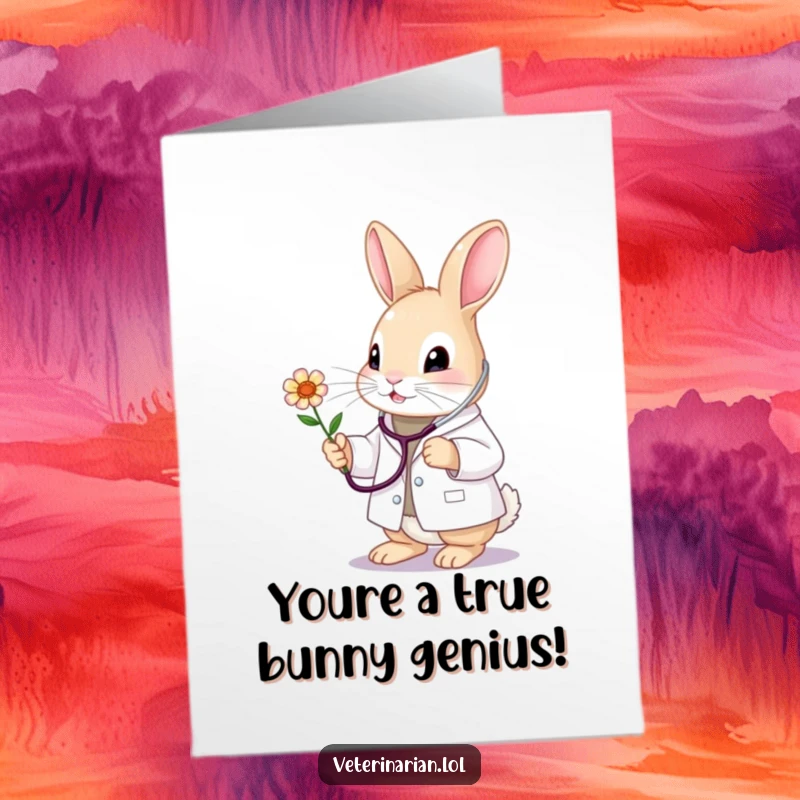 Funny Free Printable Bunny Congratulations Card: Cute bunny vet in a white coat shows gentle care for a delicate flower.