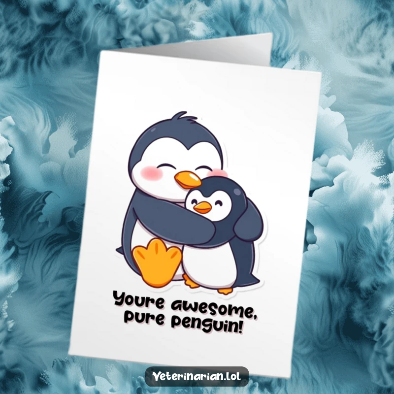 Funny Free Printable Congrats Card: A goofy penguin offering a comforting hug to a wobbling stuffed penguin, celebrating your big news.