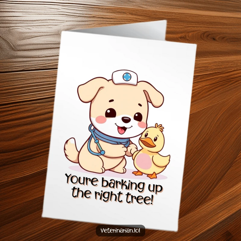 Funny Free Printable Congratulations Card: Concerned dog vet gives a toy duck a gentle bandage.