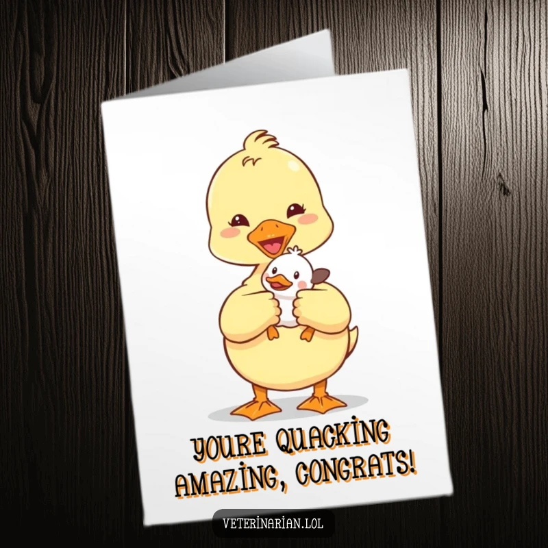 Funny Free Printable Congratulations Card showing a caring duckling vet with a small creature, celebrating success.