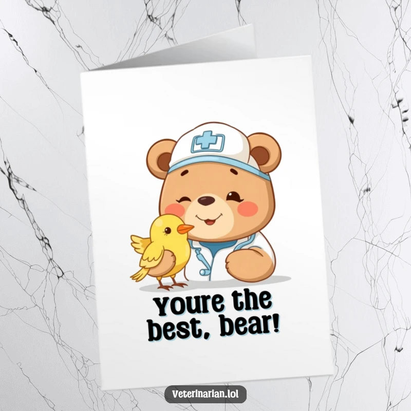 Funny Free Printable Bear Congratulations Card: Smiling bear vet kindly examines a tiny bird, celebrating an accomplishment.