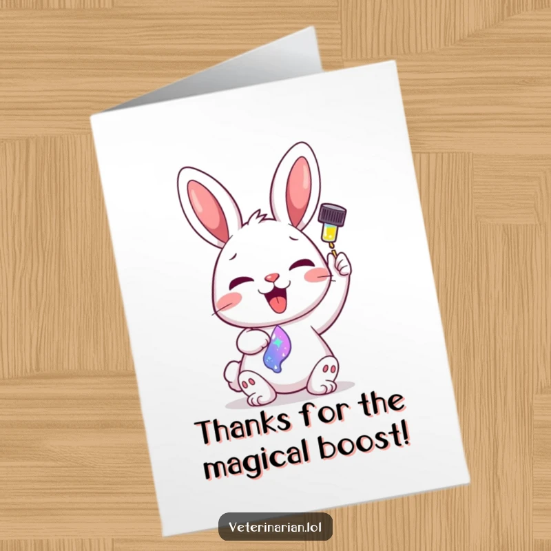 Funny Free Printable Thank You Card: A delighted bunny administers sparkling colorful liquid from a dropper, humorously conveying thanks.
