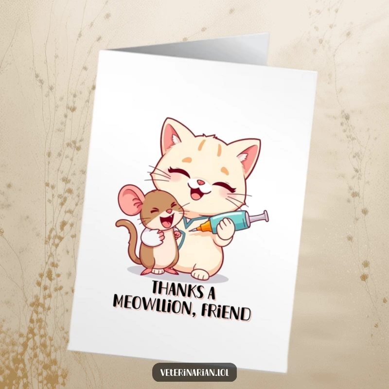 Funny Free Printable Thank You Card: Giggling cat vet teases playful mouse with a wink and syringe.
