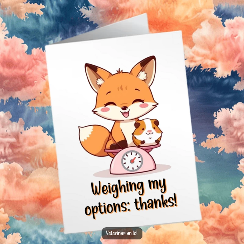 Funny Free Printable Fox Thank You Card: A playful fox grins weighing a guinea pig, expressing thanks.
