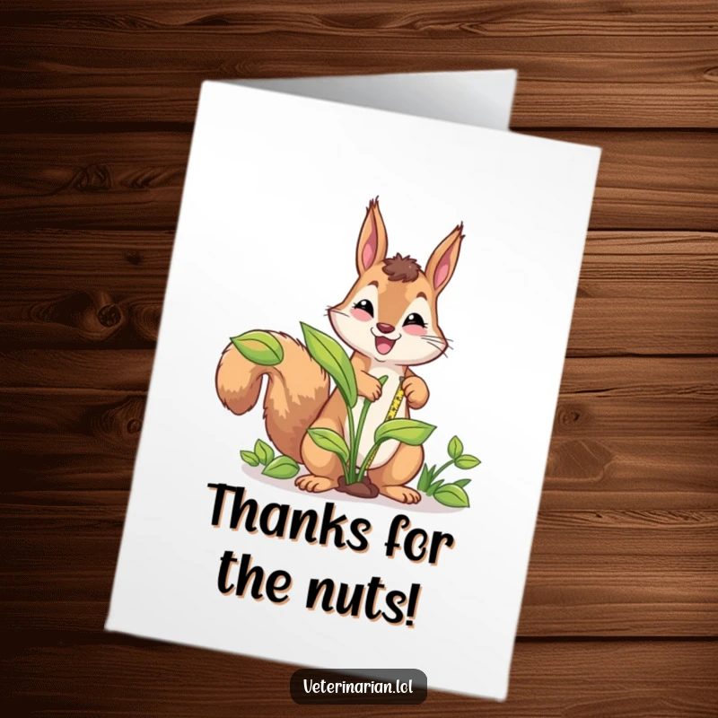 Funny Free Printable Thank You Card: An energetic squirrel measures a large plant with a tape measure.