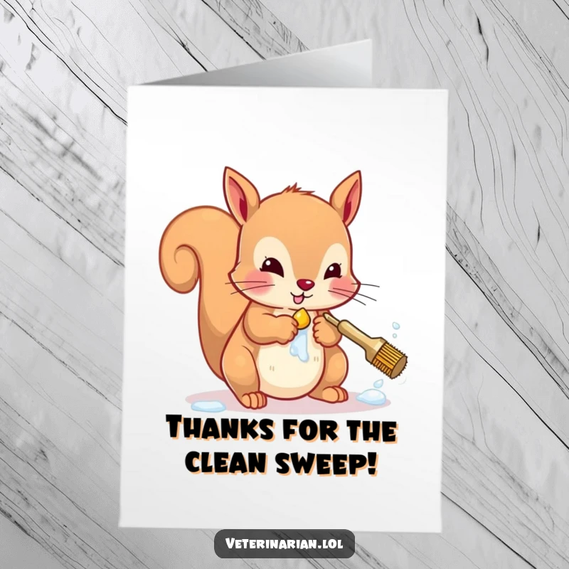 Funny Free Printable Thank You Card: A busy squirrel diligently cleaning its paws with a small brush and soap.