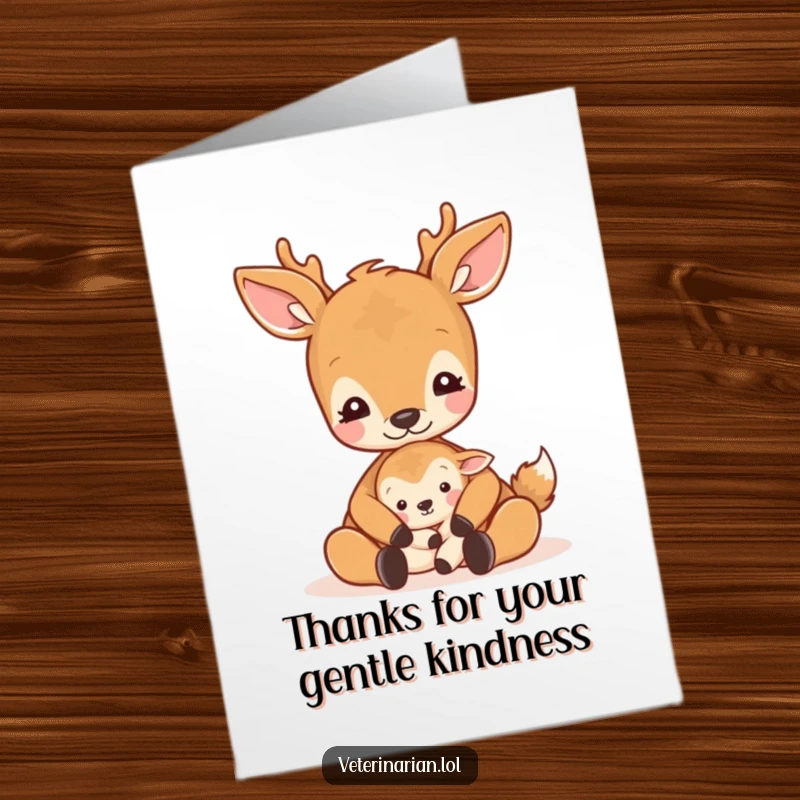 Funny free printable thank you card featuring a peaceful deer offering a gentle pat to a small, resting creature.
