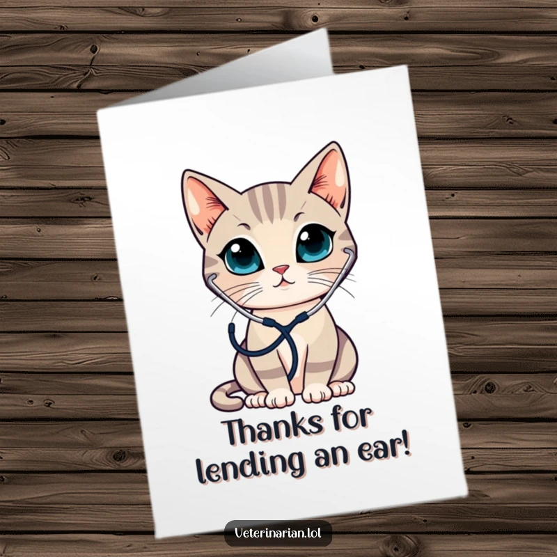 Funny Free Printable Thank You Card: A sleek cat wearing a stethoscope attentively listens, acknowledging your gratitude.