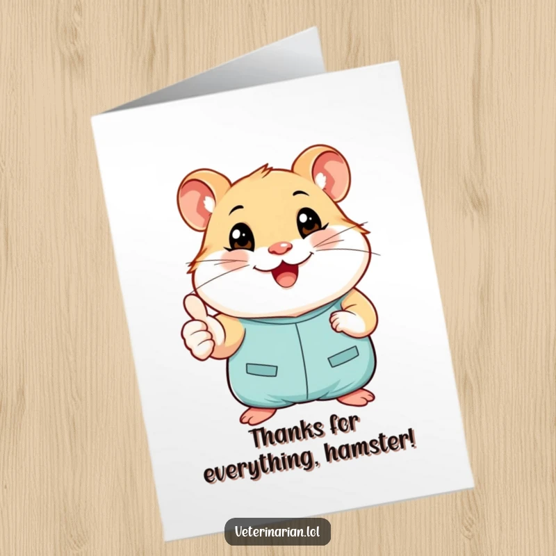 Funny Free Printable Thank You Card: A smiling hamster in scrubs gives a cheerful thumbs-up, signifying thanks.
