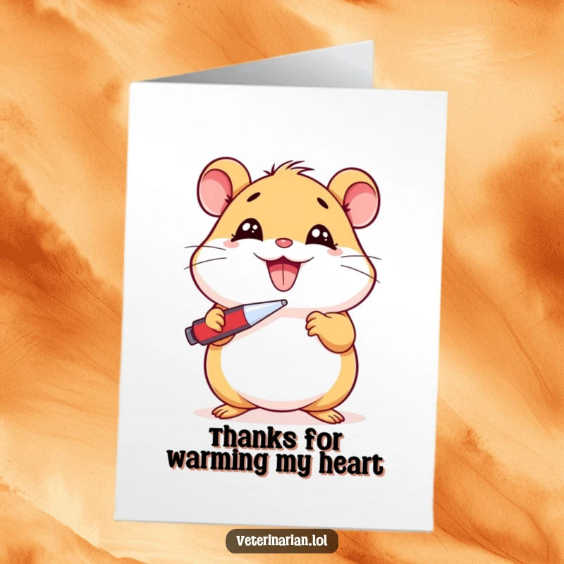 Funny Free Printable Thank You Card showing a beaming cartoon hamster holding a thermometer, humorously conveying wellness and gratitude.
