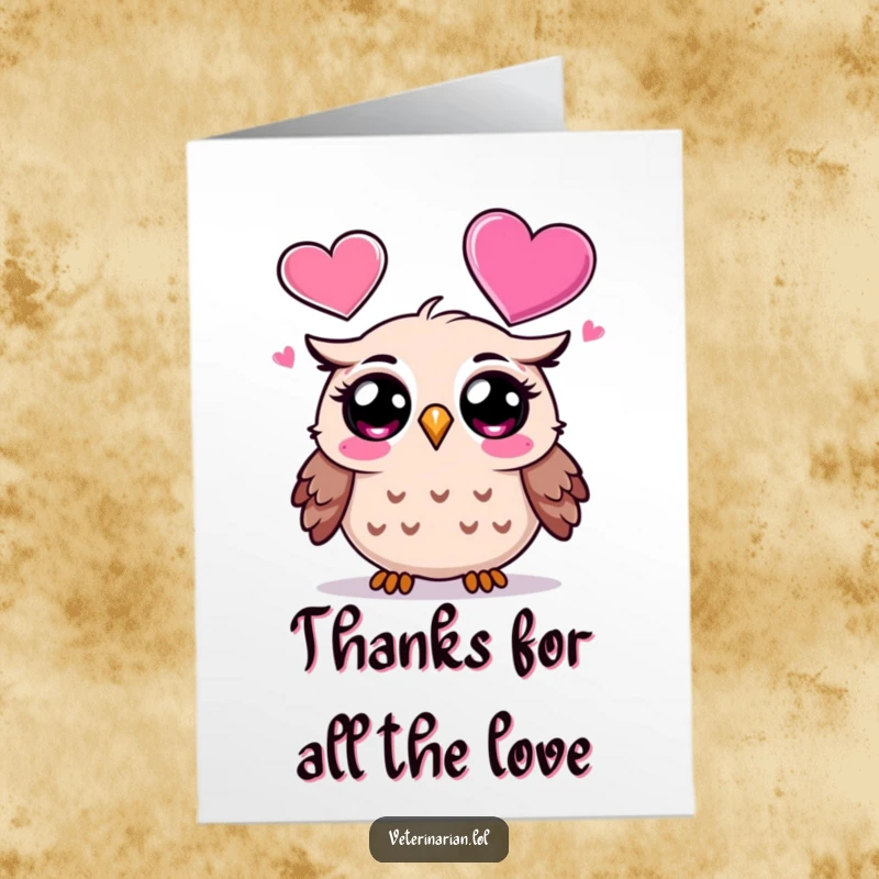 Funny Free Printable Thank You Card showing a surprised cartoon owl looking with wonder at a big floating heart, conveying deep gratitude.