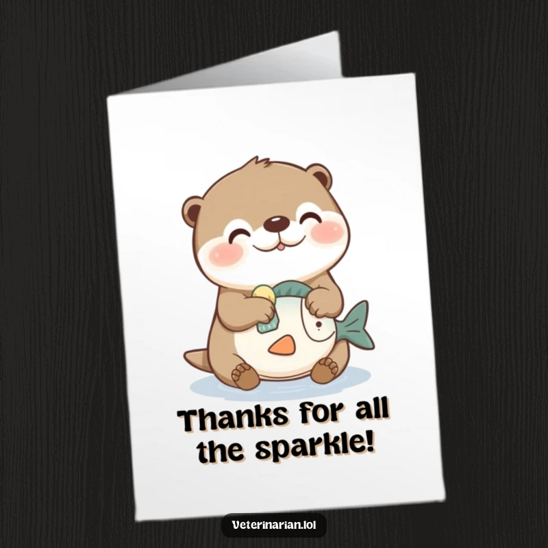 Funny Free Printable Thank You Card: A busy otter humorously cleaning a toy fish with a small sponge, saying thanks with glee.
