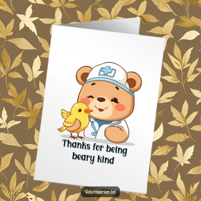 Funny Free Printable Bear Thank You Card: A smiling bear vet wearing a cap gently examines a small bird with a kind expression.