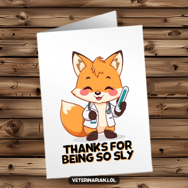 Funny Free Printable Thank You Card: Playful fox vet grins holding a thermometer, looking at its reading.