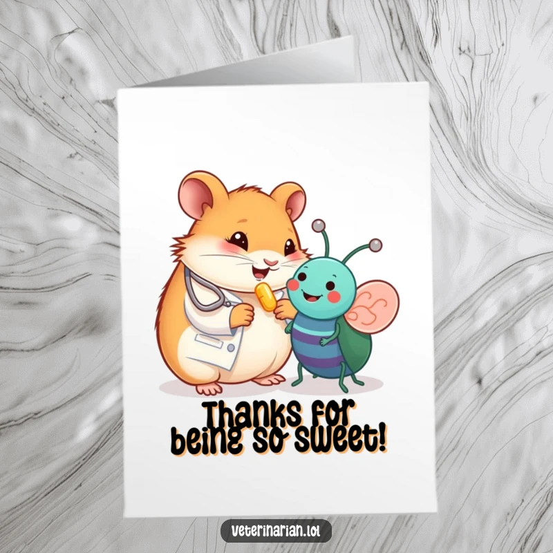 Funny Free Printable Thank You Card: Happy hamster vet gives a tiny pill to a cheerful toy bug, a grateful moment.