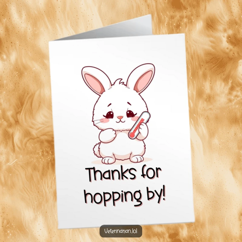 Funny Free Printable Thank You Card: A happy yet concerned bunny holds a tiny thermometer with gratitude.