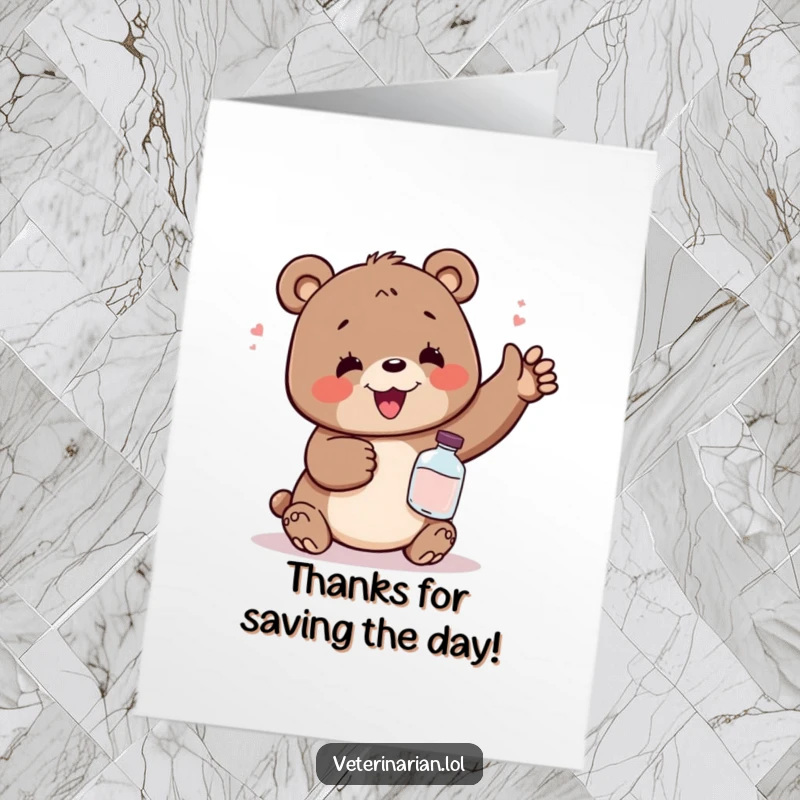 Funny Free Printable Thank You Card: Grateful bear holding a small potion bottle, relief on his face, printable art.