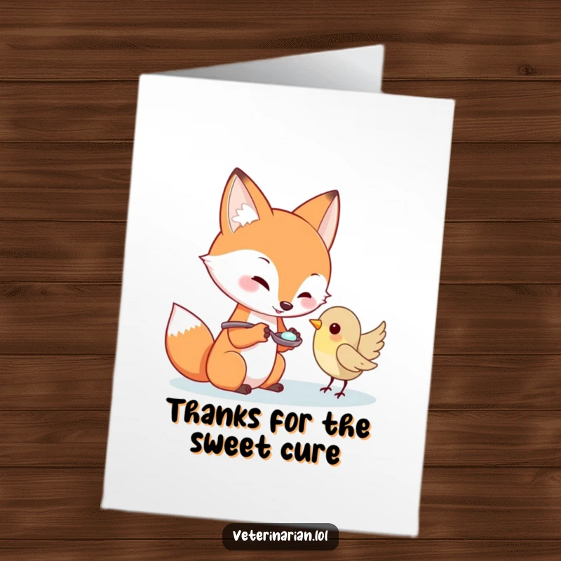 Funny Free Printable Thank You Card: A helpful fox offering a spoonful of medicine to a small bird with great care.